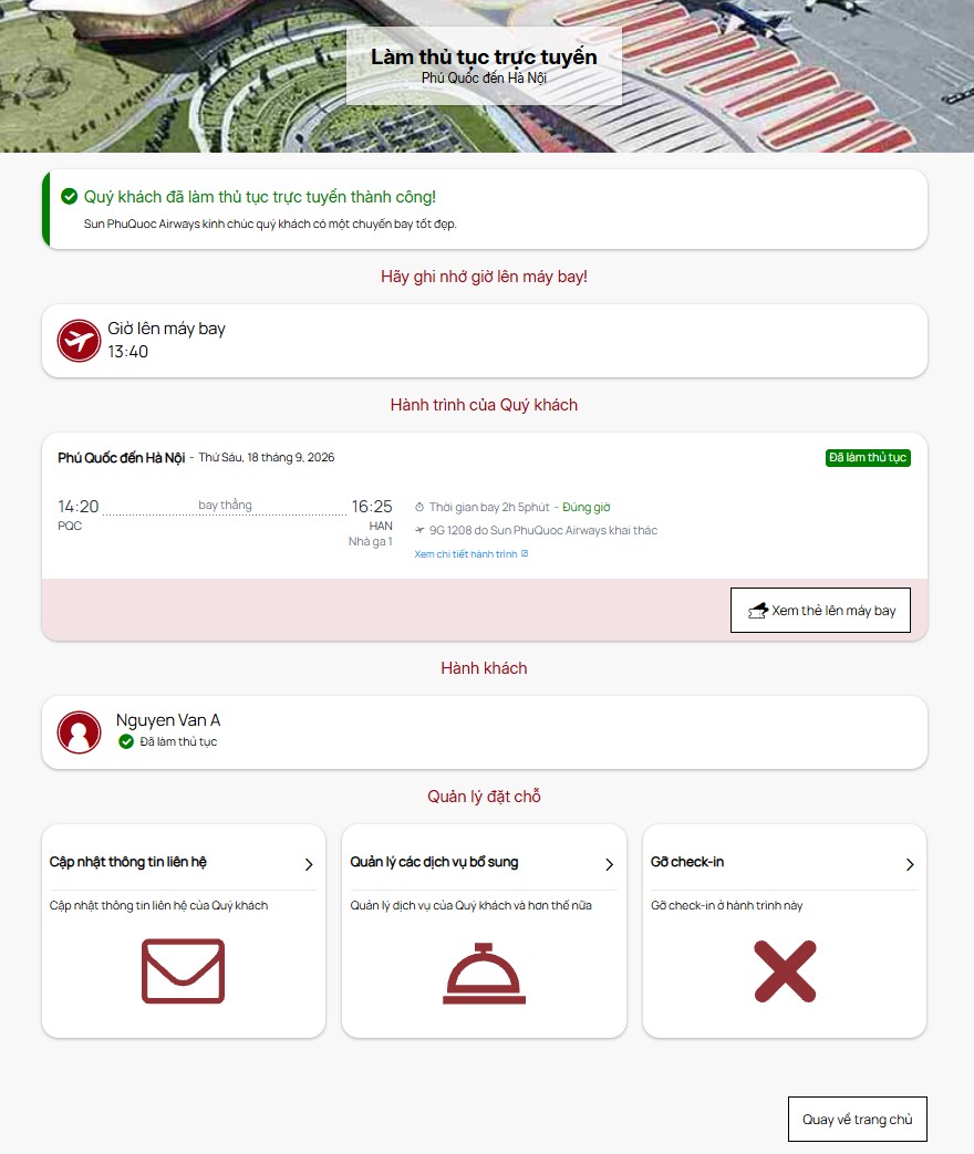 hoàn thành check-in online trên website Sun PhuQuoc Airways