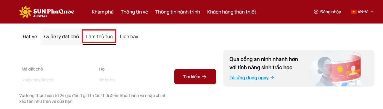 Chọn "làm thủ tục" trên website