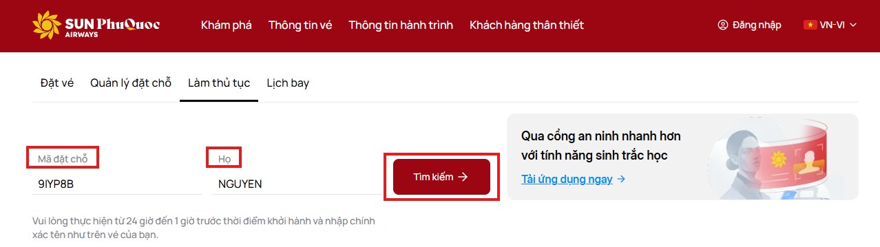 Nhập mã đặt chỗ và họ của hành khách